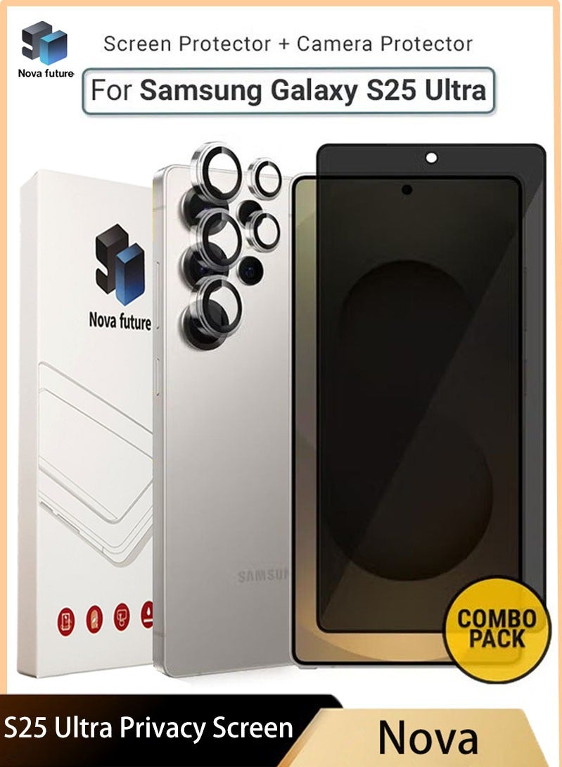 2 في 1 مجموعة حماية لهاتف سامسونج جالكسي اس 25 الترا - واقي شاشة زجاجي للخصوصية【مضاد للتجسس】وواقي عدسة الكاميرا، حافة ممتازة من الحافة إلى الحافة، شفافية عالية، مضاد للانفجار، سهل التركيب - Image 1